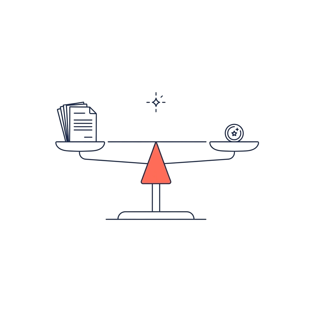Ilustración de una balanza equilibrando pólizas y una moneda