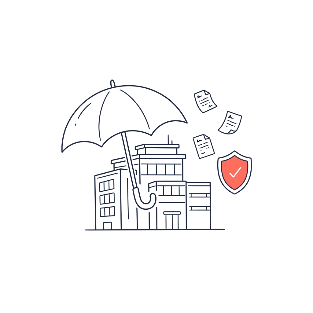 Ilustración de un edificio corporativo protegido por un paraguas, con pólizas y un escudo verificado